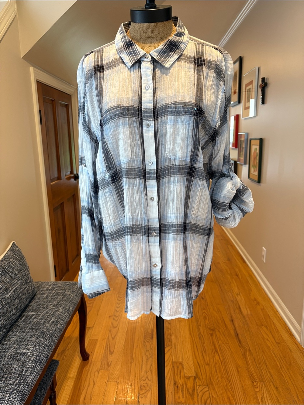 Light Blue Plaid Women’s Button-Up Shirt